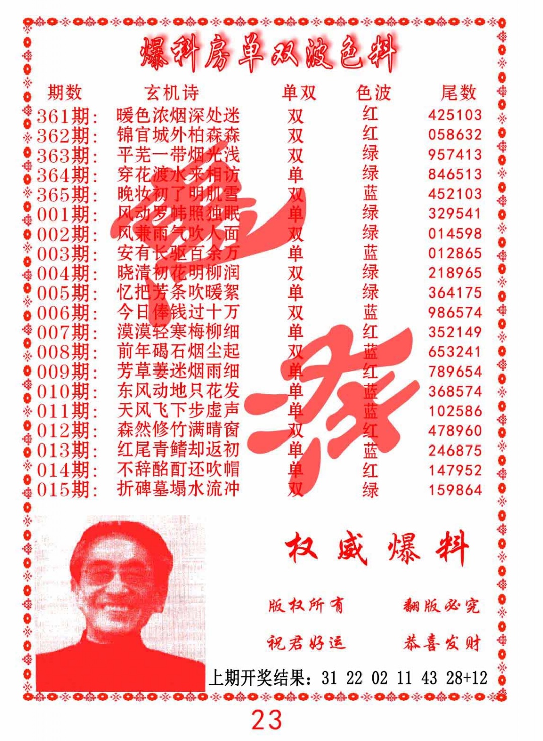 365期爆料房单双波色料[图]